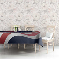 Patriotic tablecloth with navy, red, and white curved stripe pattern