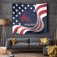 Rugby tapestry with blue eagle artwork, American stars, and red-white ribbon stripes, YOUR TEXT