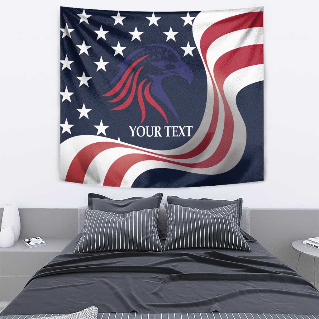Rugby tapestry with American stars-and-stripes border, blue eagle center, and YOUR TEXT