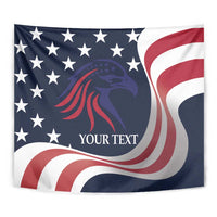 Close-up rugby tapestry: blue eagle head, American stars border, red-white stripes, YOUR TEXT