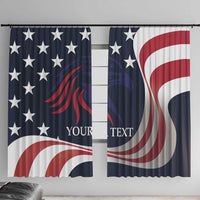 USA-themed window curtain set with navy stars, red swirl stripes, and custom text panel