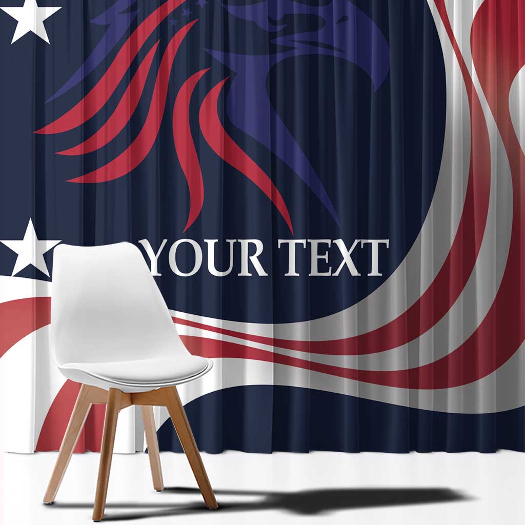 Close-up USA window curtain fabric with navy stars, red swirl stripes, and bold custom text