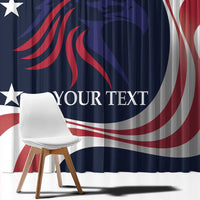 Close-up USA window curtain fabric with navy stars, red swirl stripes, and bold custom text
