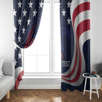 USA-themed window curtains with navy and red swirl stripes, stars, and custom text on panels