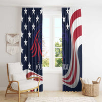 USA-themed window curtain pair with navy stars and red swirl stripes, custom text visible