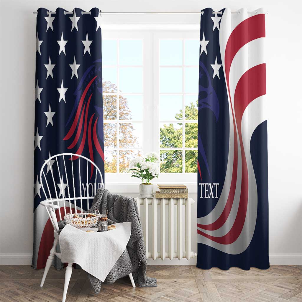 Hanging USA star window curtains with red swirl stripe design and custom text on inner edge