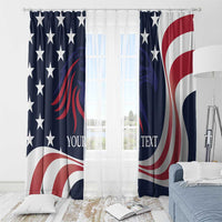 USA-themed window curtain panels with navy stars, red swirl stripes, and custom text, on rings