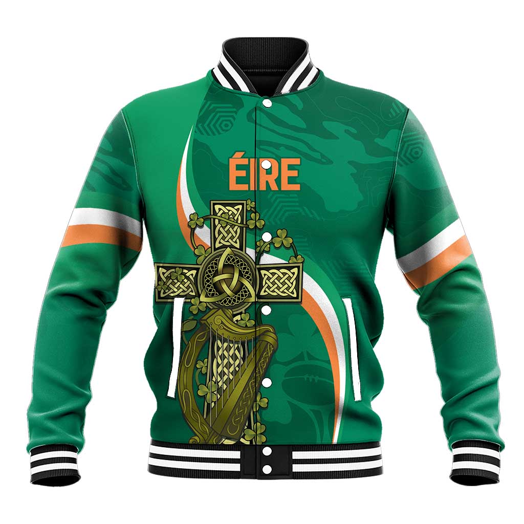 Green Ireland rugby baseball jacket with Celtic knot cross graphic