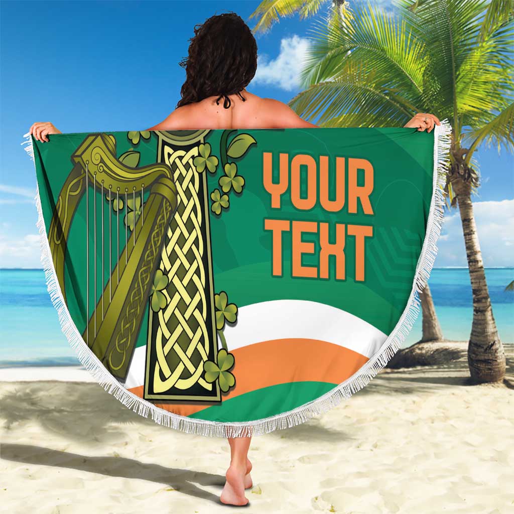 Round green beach blanket with fringe edge and custom Celtic knot 'Your Text' print