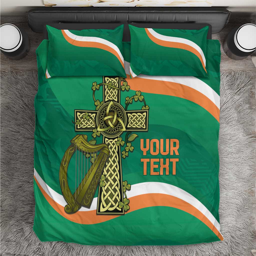 Green rugby bedding set with Irish crest and 'YOUR TEXT' print on duvet and pillowcases