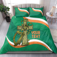 Green rugby bedding set with striped bands, Irish crest, and 'YOUR TEXT' on duvet