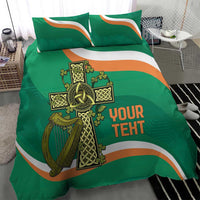 Green bedding set with Irish crest, orange/white stripes, and 'YOUR TEXT' on duvet