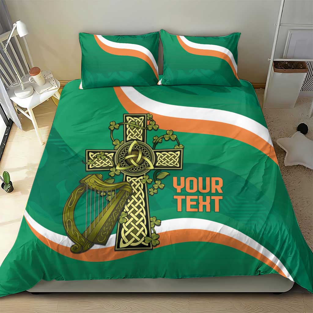 Green rugby bedding set with Irish crest and 'YOUR TEXT' on duvet and two pillowcases