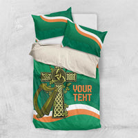 Green rugby bedding set with Irish crest, orange/white stripes, and 'YOUR TEXT' on duvet