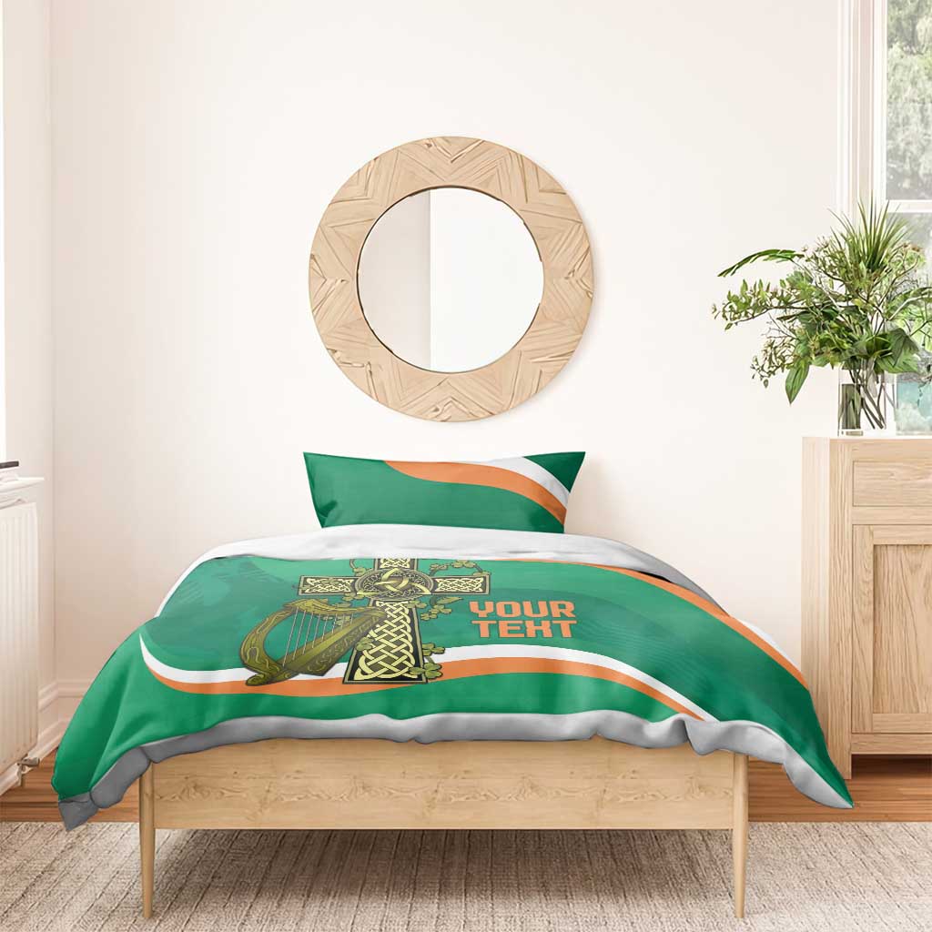 Green rugby bedding set with Irish crest and 'YOUR TEXT' print on duvet with striped trim