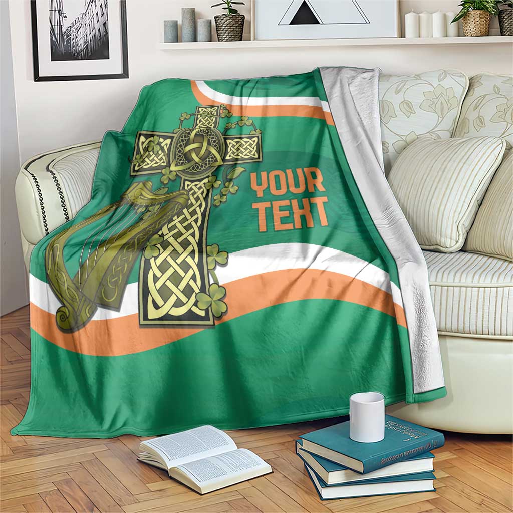 Green rugby blanket with Celtic knot cross and orange 'YOUR TEXT' wording