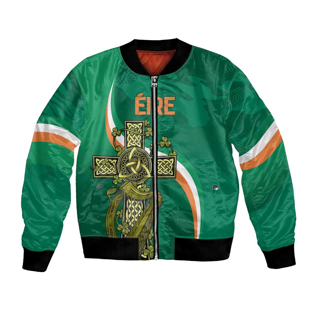 Green bomber jacket with front zipper and Celtic knot crest graphic