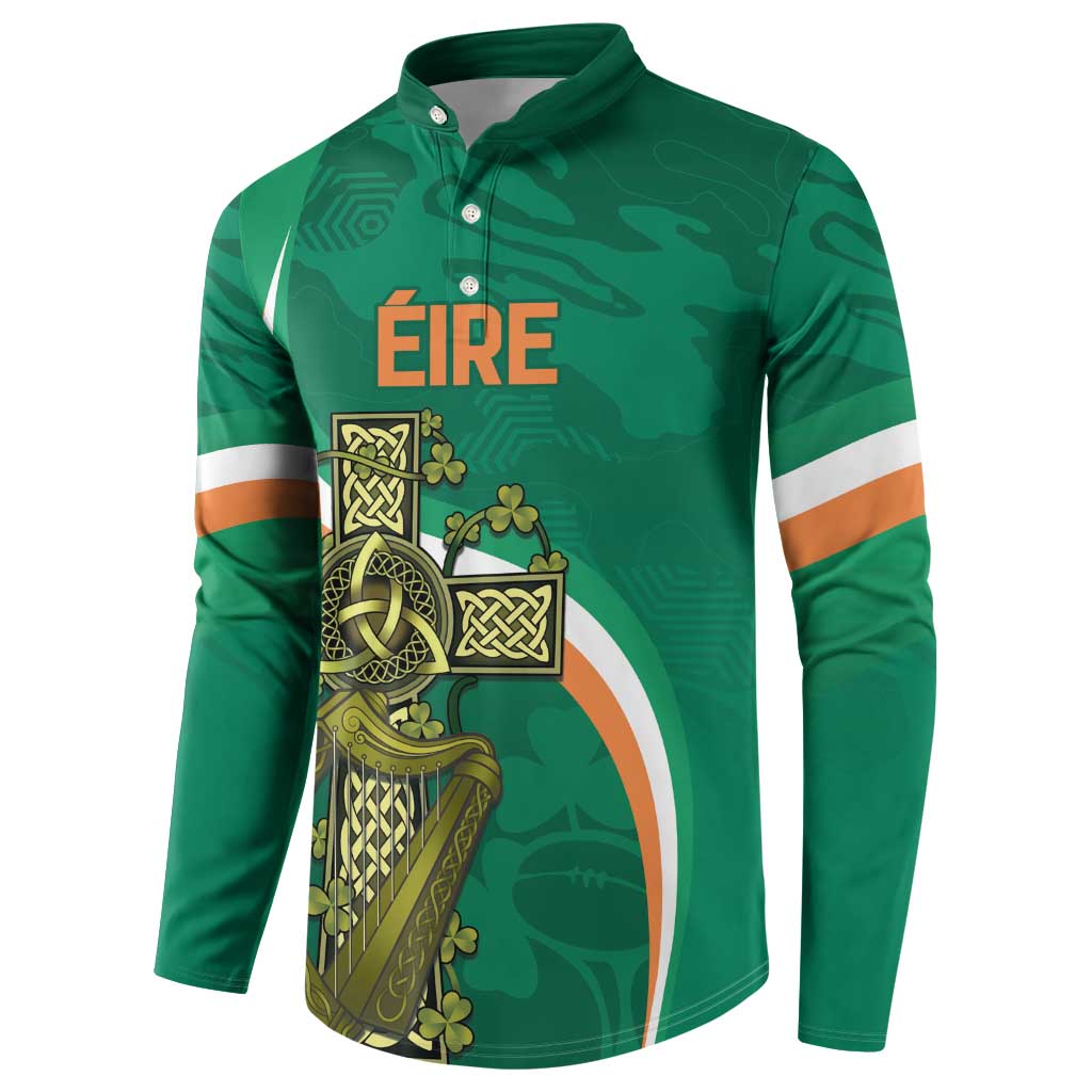 Green rugby button sweatshirt with Celtic knot graphic