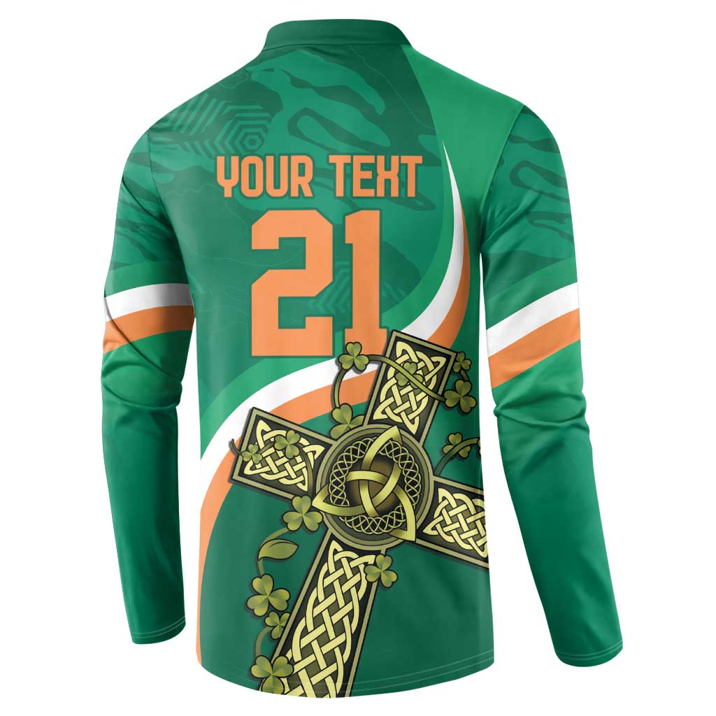 Green rugby button sweatshirt back with 'YOUR TEXT' 21 and Celtic knot sword graphic