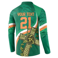 Green rugby button sweatshirt back with 'YOUR TEXT' 21 and Celtic knot sword graphic