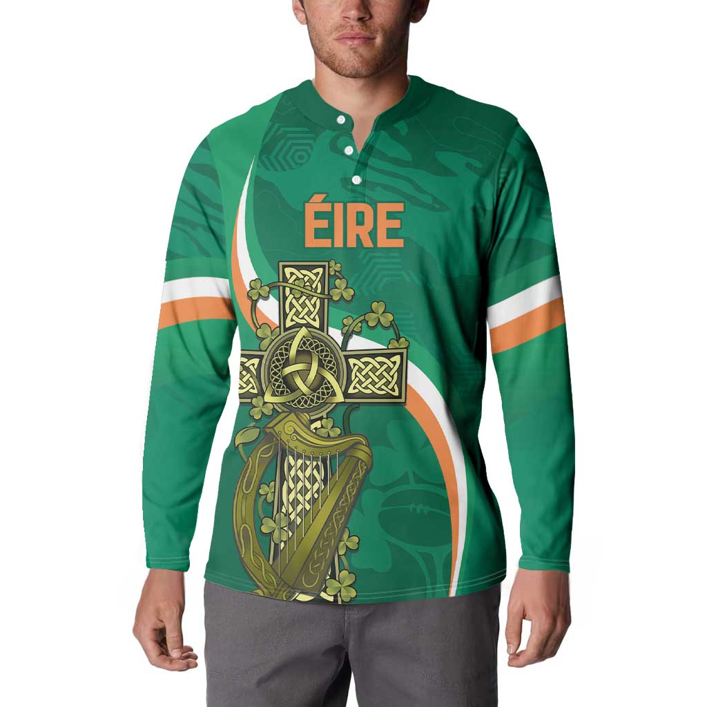 Green rugby button sweatshirt with Celtic knot cross graphic and ÉIRE text