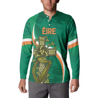 Green rugby button sweatshirt with Celtic knot cross graphic and ÉIRE text