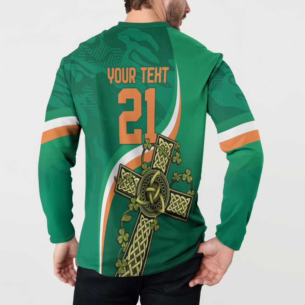 Green rugby button sweatshirt back with 'YOUR TEXT' 21 and Celtic knot sword print