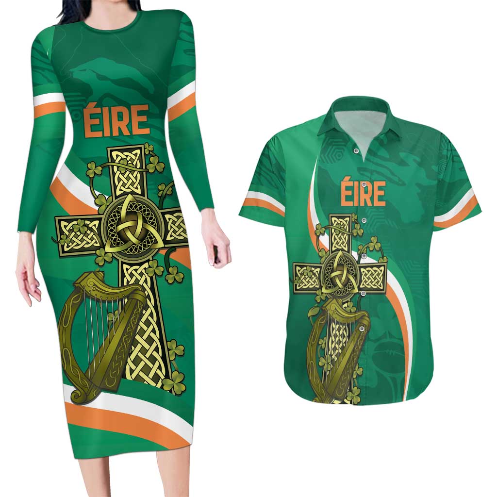 Custom Ireland Rugby Couples Matching Long Sleeve Bodycon Dress and Hawaiian Shirt Green Celtic Knot Summer Paris 2024 LT9 - Wonder Print Shop