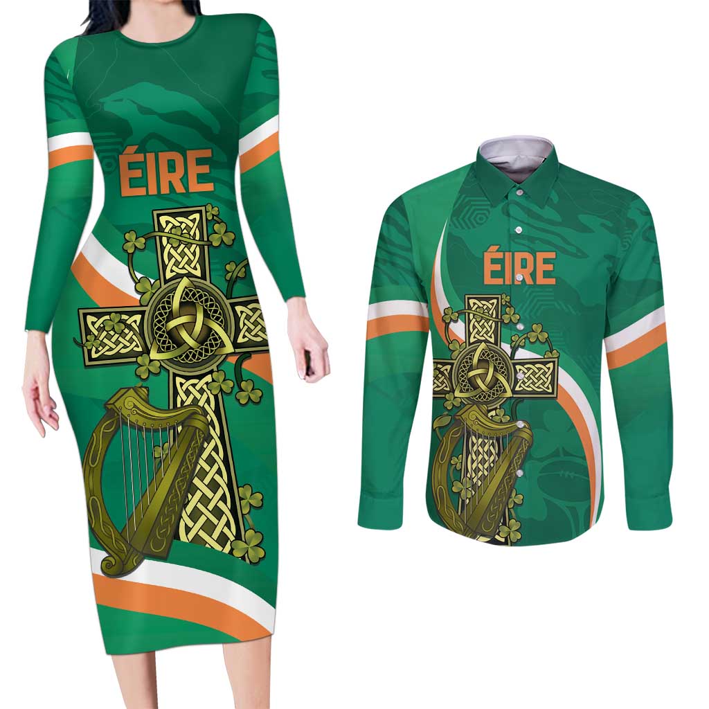 Custom Ireland Rugby Couples Matching Long Sleeve Bodycon Dress and Long Sleeve Button Shirt Green Celtic Knot Summer Paris 2024 LT9 - Wonder Print Shop