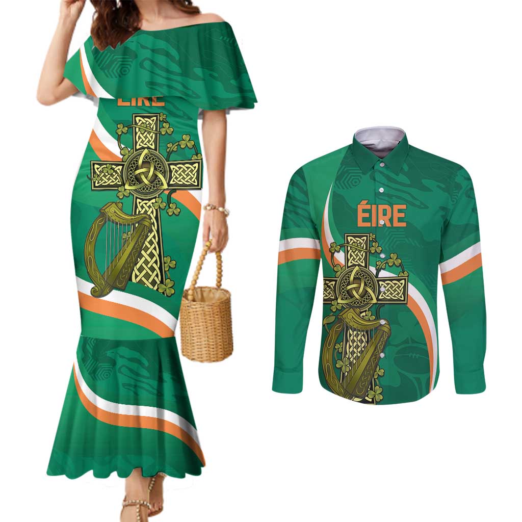 Custom Ireland Rugby Couples Matching Mermaid Dress and Long Sleeve Button Shirt Green Celtic Knot Summer Paris 2024