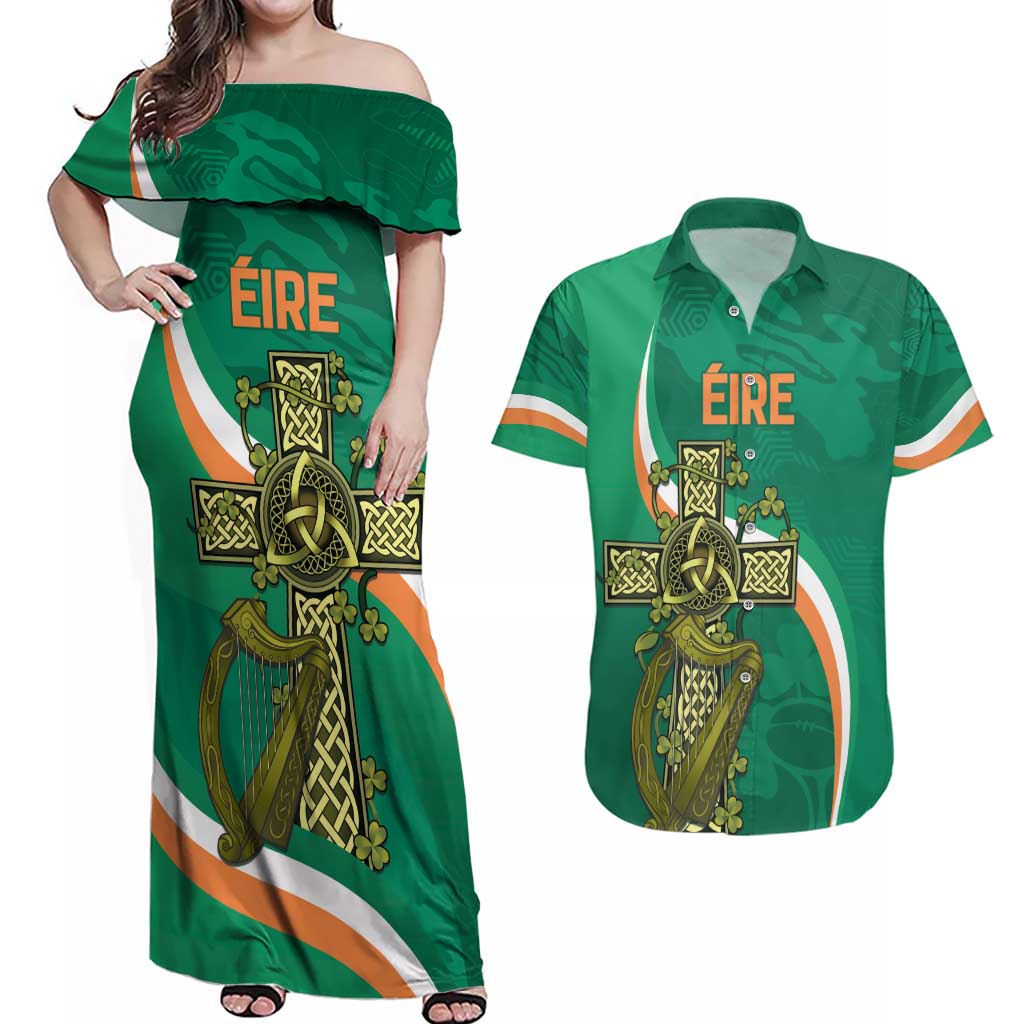 Custom Ireland Rugby Couples Matching Off Shoulder Maxi Dress and Hawaiian Shirt Green Celtic Knot Summer Paris 2024 LT9 - Wonder Print Shop