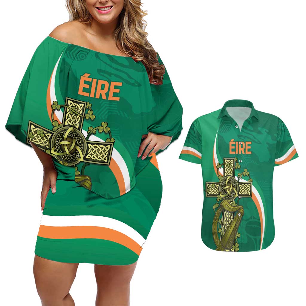 Custom Ireland Rugby Couples Matching Off Shoulder Short Dress and Hawaiian Shirt Green Celtic Knot Summer Paris 2024 LT9 - Wonder Print Shop