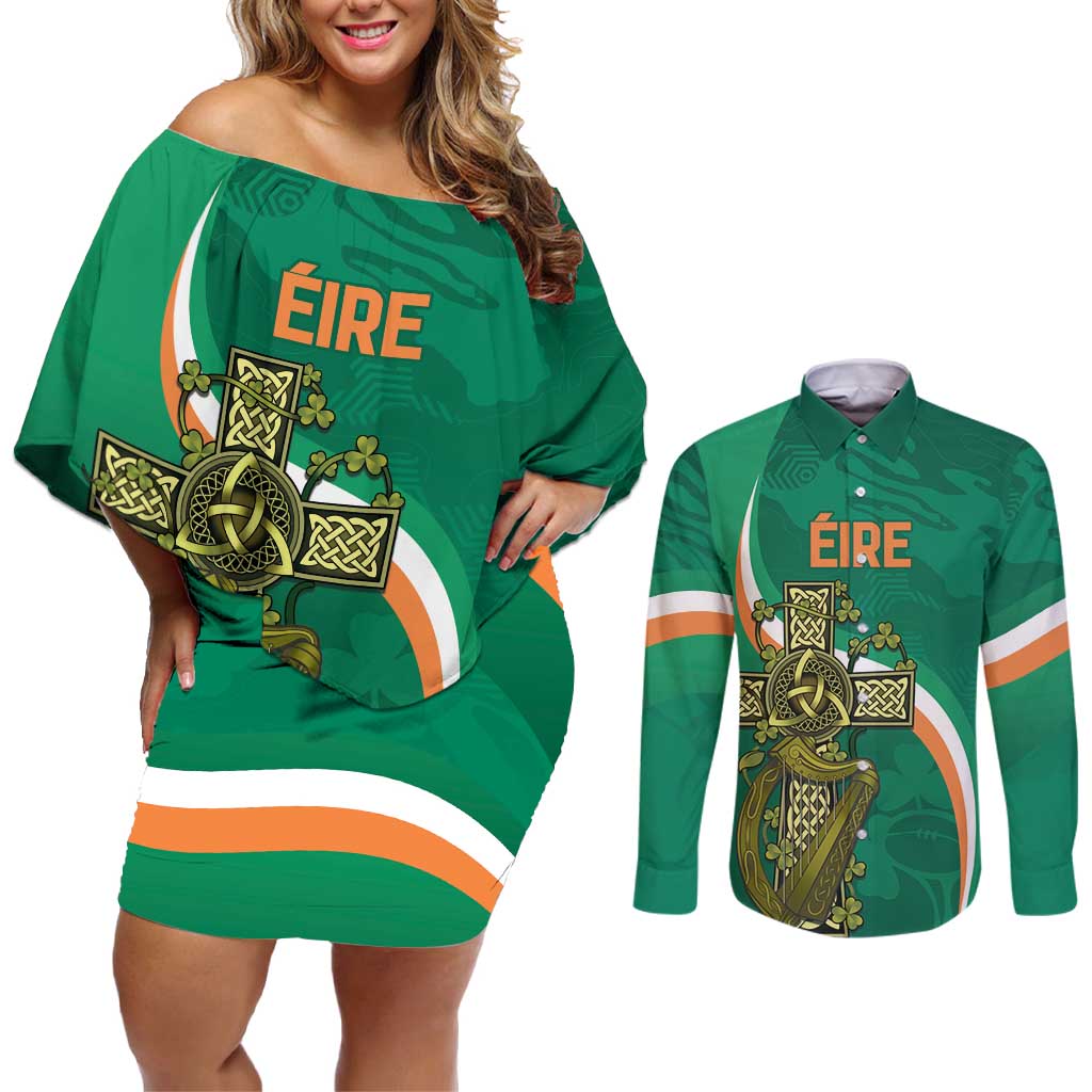 Custom Ireland Rugby Couples Matching Off Shoulder Short Dress and Long Sleeve Button Shirt Green Celtic Knot Summer Paris 2024 LT9 - Wonder Print Shop