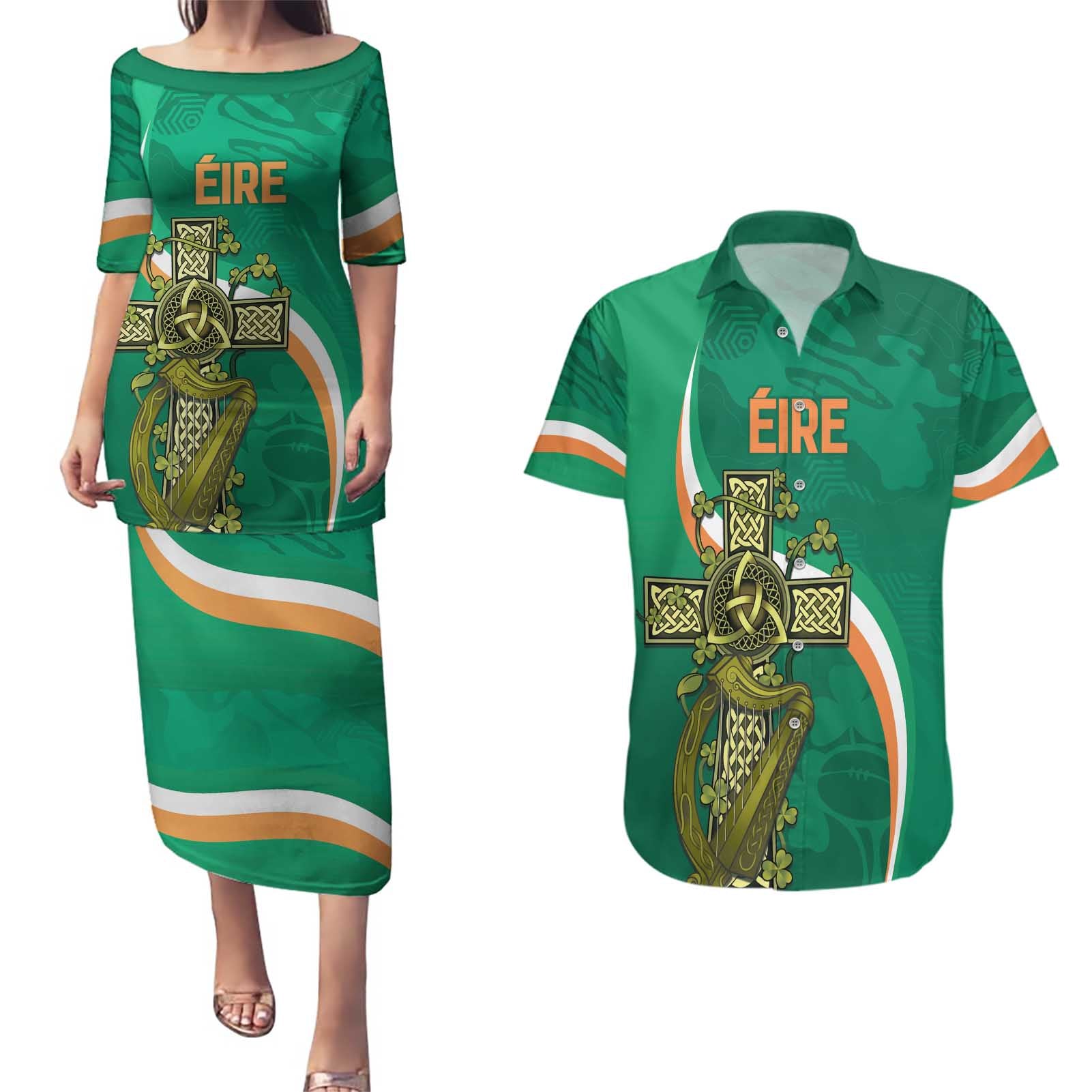 Custom Ireland Rugby Couples Matching Puletasi and Hawaiian Shirt Green Celtic Knot Summer Paris 2024 LT9 - Wonder Print Shop