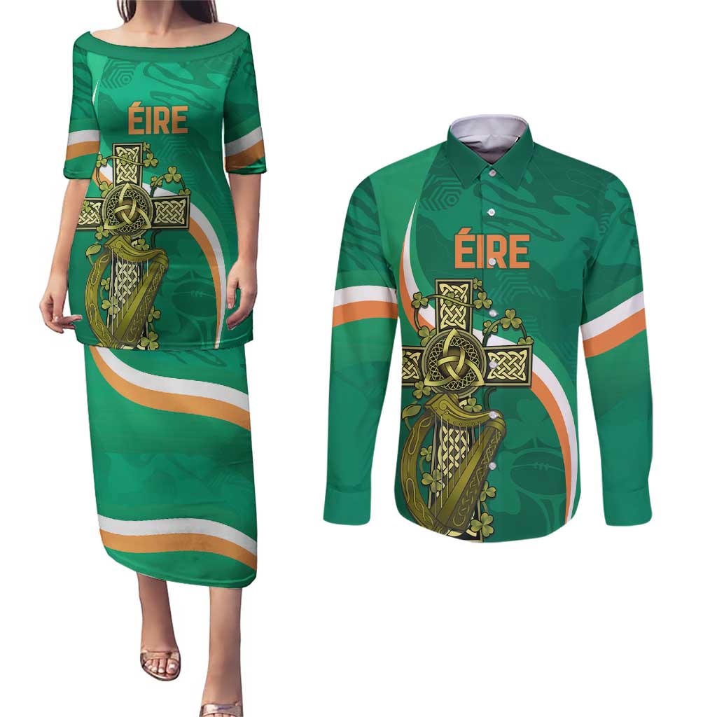 Custom Ireland Rugby Couples Matching Puletasi and Long Sleeve Button Shirt Green Celtic Knot Summer Paris 2024 LT9 - Wonder Print Shop