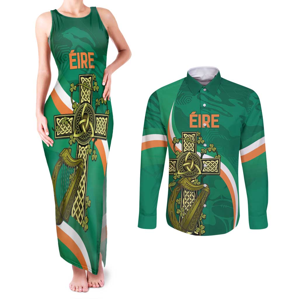 Custom Ireland Rugby Couples Matching Tank Maxi Dress and Long Sleeve Button Shirt Green Celtic Knot Summer Paris 2024 LT9 - Wonder Print Shop