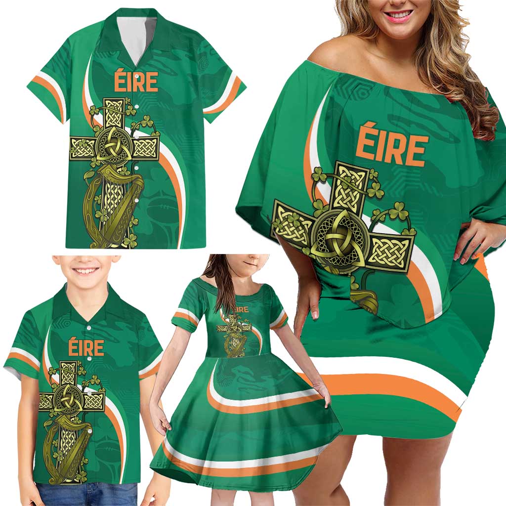 Custom Ireland Rugby Family Matching Off Shoulder Short Dress and Hawaiian Shirt Green Celtic Knot Summer Paris 2024 LT9 - Wonder Print Shop