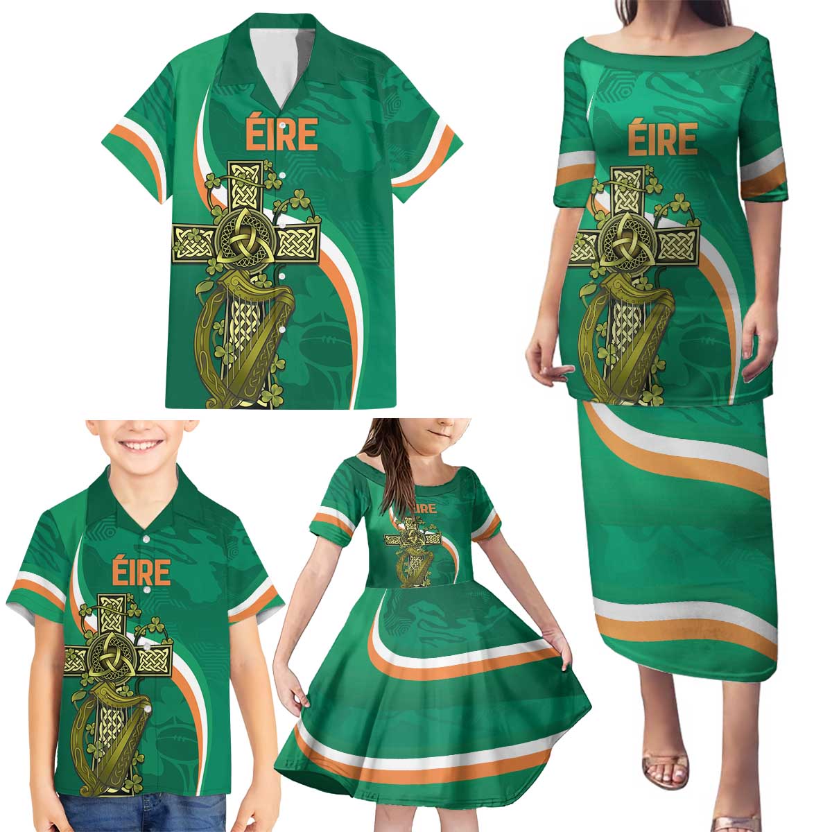 Custom Ireland Rugby Family Matching Puletasi and Hawaiian Shirt Green Celtic Knot Summer Paris 2024 - Wonder Print Shop