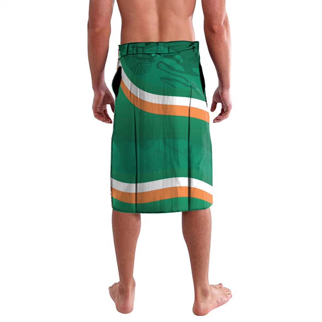 Green swim shorts with orange-and-white horizontal stripes and dark side print