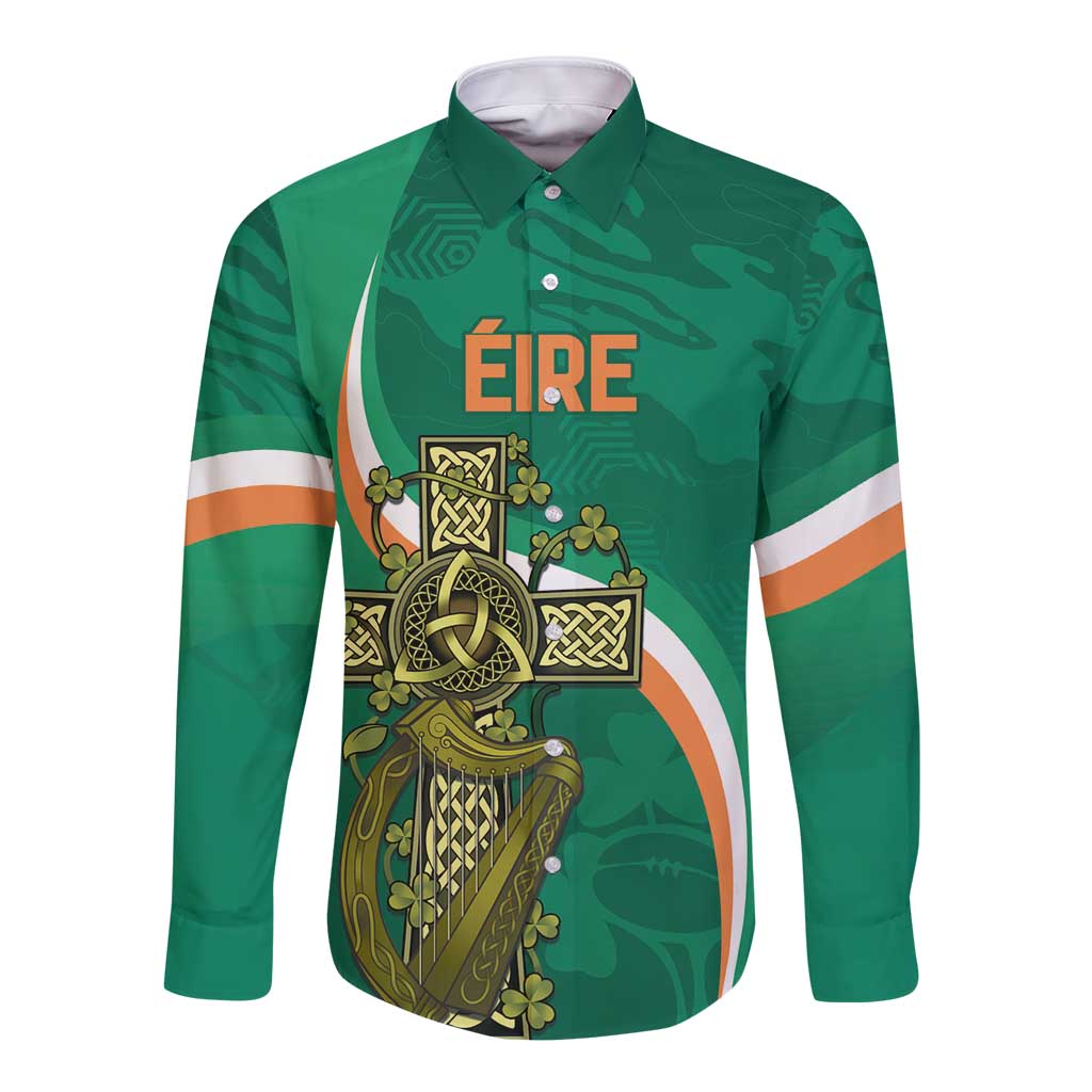 Green long sleeve button shirt with Celtic knot graphic and ÉIRE print
