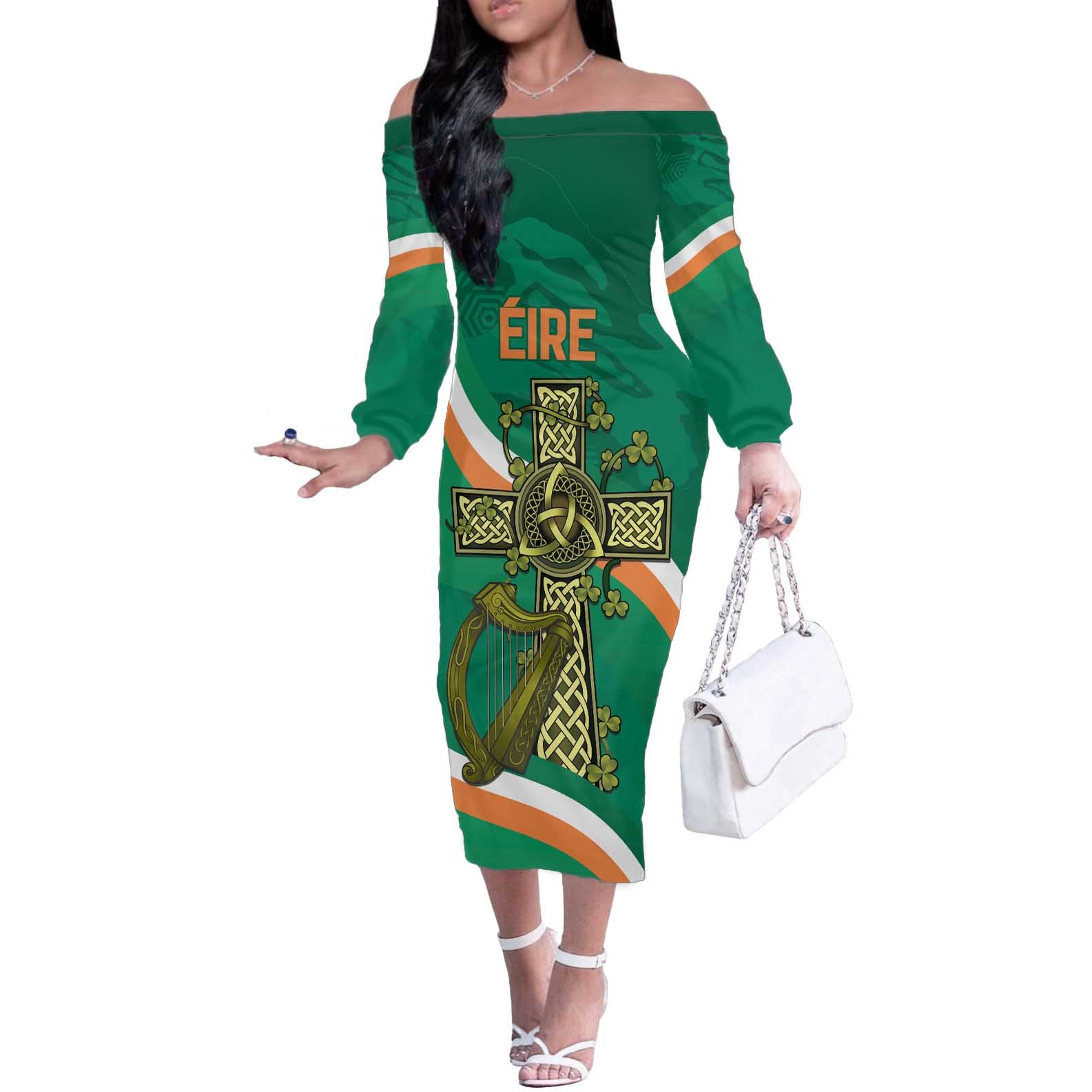 Custom Ireland Rugby Off The Shoulder Long Sleeve Dress Green Celtic Knot Summer Paris 2024 - Wonder Print Shop