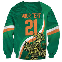 Green rugby sweatshirt with white-and-orange sleeve stripes and Your Text 21 back graphic