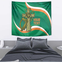Green tapestry with gold Celtic cross and centered 'YOUR TEXT' lettering