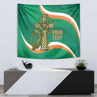 Green tapestry with gold Celtic cross and 'YOUR TEXT' lettering on green field