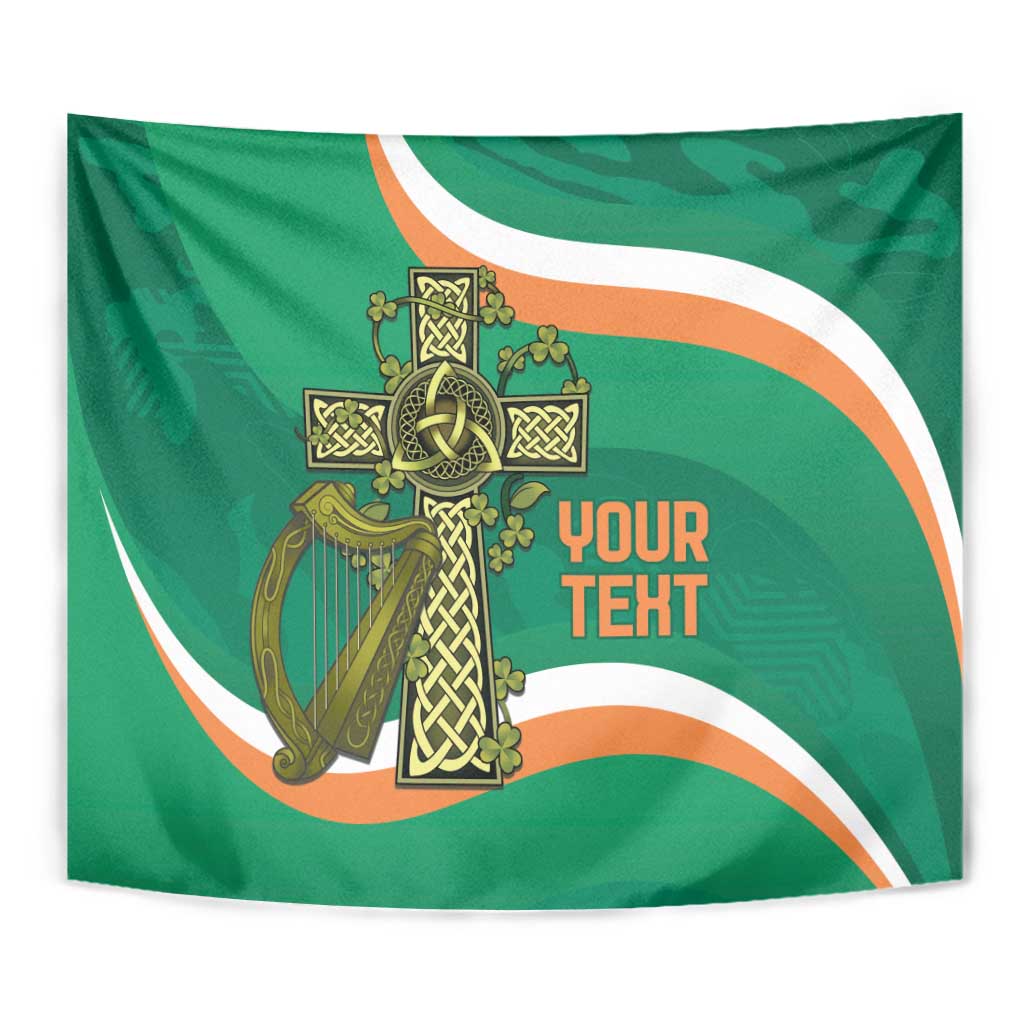 Green tapestry close-up with gold Celtic knot cross and 'YOUR TEXT' lettering