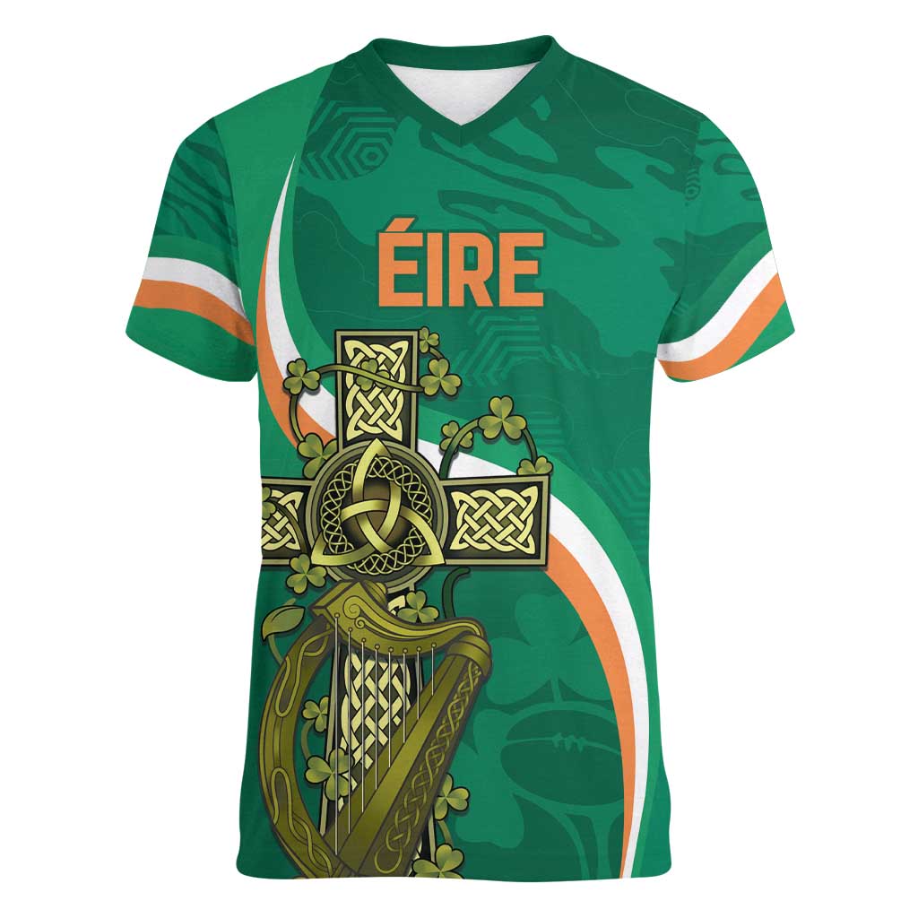 Custom Ireland Rugby Women V-Neck T-Shirt Green Celtic Knot Summer Paris 2024