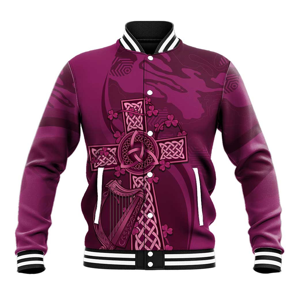 Maroon baseball jacket with Celtic knot front, snap buttons, and striped ribbed trim