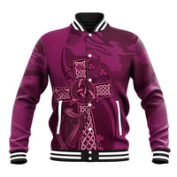 Maroon baseball jacket with Celtic knot front, snap buttons, and striped ribbed trim
