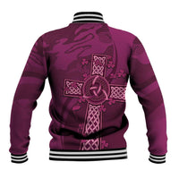 Maroon baseball jacket with Celtic knot back graphic and striped ribbed collar and cuffs