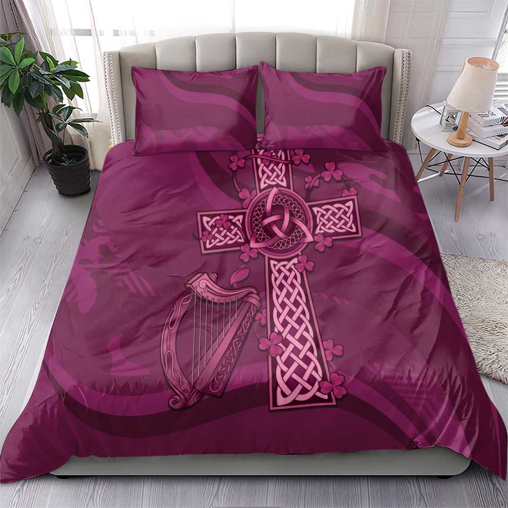 Maroon bedding set with Celtic cross and harp print, two matching pillowcases